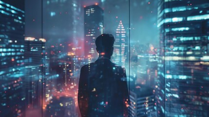 Silhouette of a businessman overlooking a futuristic urban skyline at night, symbolizing vision and strategy.
