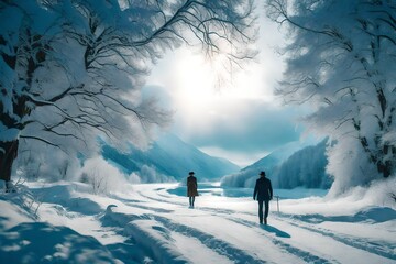 couple walking in the snow - Powered by Adobe