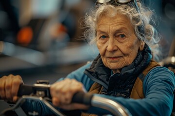Close-up of an elderly gray-haired Caucasian woman wearing activewear on exercise bike. Purposeful senior lady training to strengthen her cardiovascular system. Active lifestyle for retirees. - obrazy, fototapety, plakaty