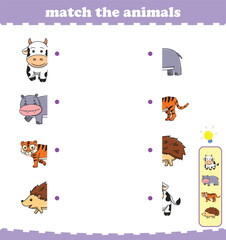 Fototapeta na wymiar Matching game for preschool children with wild animals. Vector Illustration