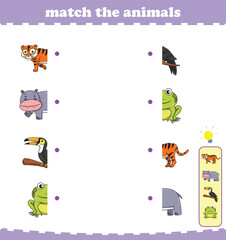 Matching game for preschool children with wild animals. Vector Illustration