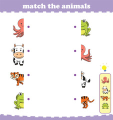 Matching game for preschool children with wild animals. Vector Illustration