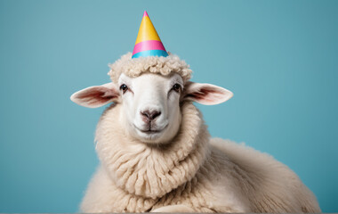 Sheep with hat holding a cocktail color studio background