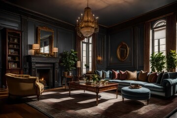 A classic living room with timeless color schemes, elaborate embellishments, and classic furniture that exudes polished elegance - obrazy, fototapety, plakaty