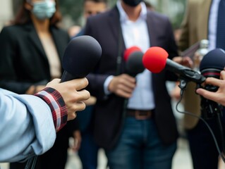 Close-up of microphones held by reporters during an outdoor media interview, with participants in background.