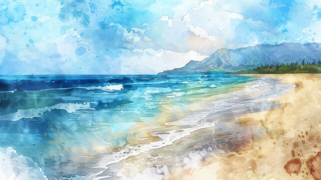 Gorgeous tropical vacation relaxing travel beach scene with ocean beach and blue sky abstract watercolor