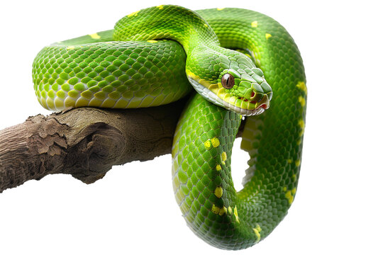 a green snake with yellow stripes coiled around a branch, isolated on transparent background, png file