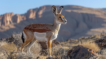  A petite antelope grazes atop a parched, grassy meadow beside a towering rock formation and a distant mountain - obrazy, fototapety, plakaty