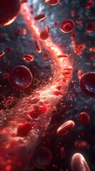 Simulation visual of hemoglobin flowing within human blood vessels from wounds caused by accidents or disease, biological details and textures.