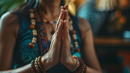 Feminine hands clasped in a gesture of reverence and thankfulness, representing the practice of Mudra in Yoga. - obrazy, fototapety, plakaty