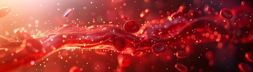 A detailed 3D rendering, this visualization showcases red blood cells in motion as they flow through an artery, vibrant backdrop of the vascular system.