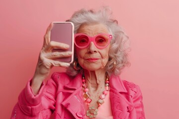 Close-up portrait of elderly gray-haired woman in fashionable attire taking selfie on a smartphone. Stylish senior lady wearing pink jacket and glasses smiling cheerfully. Pastel pink background.