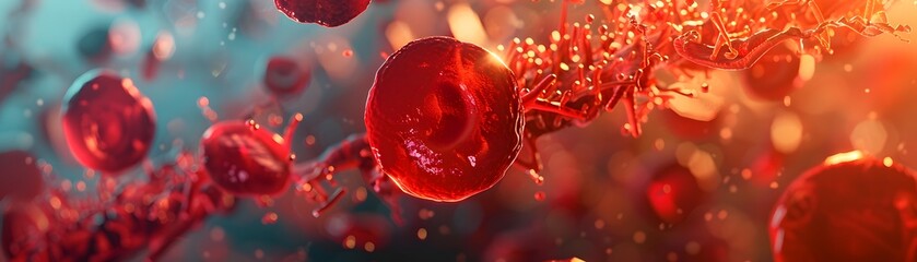 In this 3D rendering, red blood cells are depicted flowing through an artery with intricate detail, against a vibrant and dynamic backdrop representing the vascular system.
