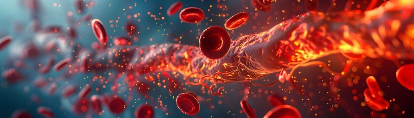 A meticulously crafted 3D rendering offers a close-up view of red blood cells in transit through an artery, set against a dynamic and vibrant backdrop representing the intricate vascular system.
