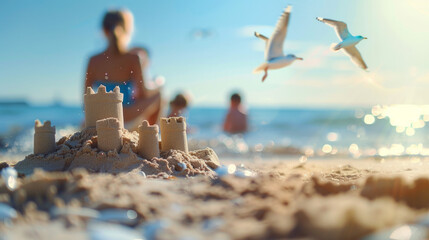 Closeup of sandcastle on happy sunny beach scene with ocean family and seagulls in defocused background