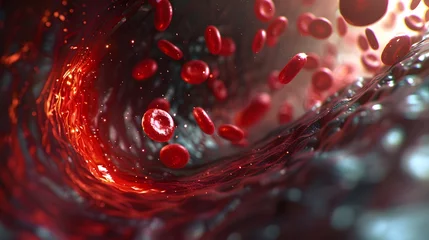 Fotobehang This 3D rendering provides a detailed portrayal of red blood cells moving through an artery, set against a vibrant and dynamic backdrop that illustrates the intricacies of the vascular system. © Chomphu