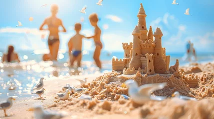 Foto op Canvas Closeup of sandcastle on happy sunny beach scene with family children ocean and seagulls in defocused background © Mary Salen