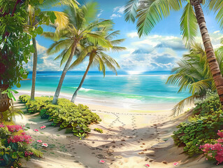 Gorgeous tropical vacation relaxing travel beach scene with ocean and palm trees, footprints walk together across the sand.