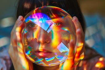 Woman's Face Illuminated by Colorful Light Prisms

