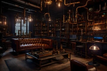 A steampunk laboratory-inspired living room with vintage scientific instruments, leather furniture, and industrial lighting, offering a distinct and unusual vibe. 
