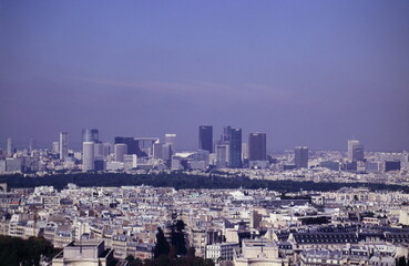 Aerial View of Paris Skyline and major business district La Defense from the Eiffel Tower during 1990s