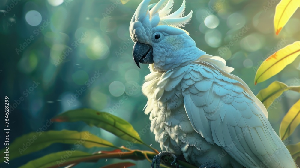 Poster a white parrot perched on a tree branch. suitable for nature and wildlife concepts