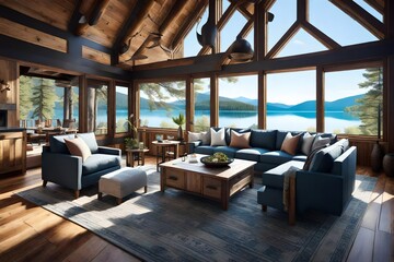 Fototapeta premium A calm lakeside cottage living area with panoramic views, natural wood components, and comfy furnishings to provide a serene respite.