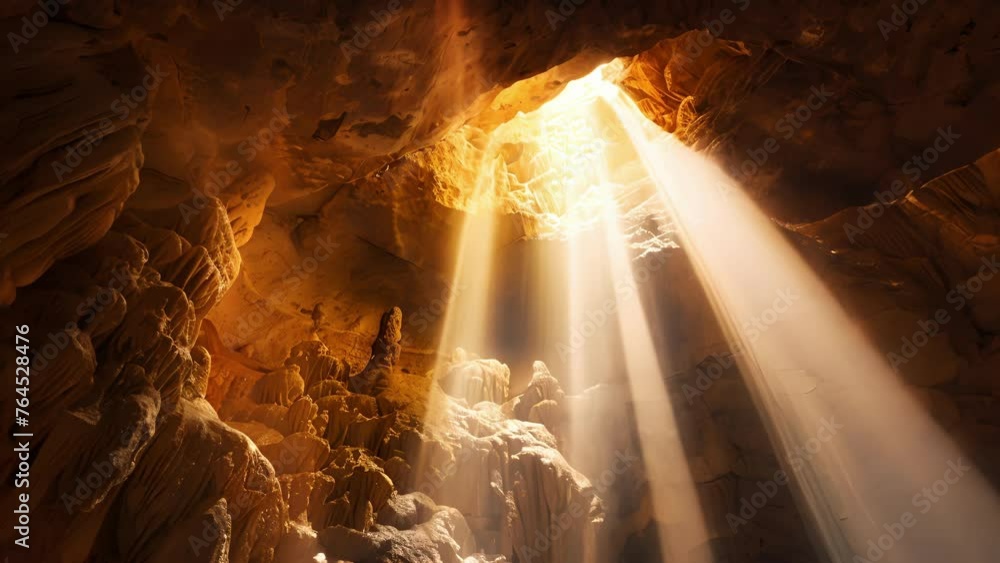 Poster a sudden burst of sunlight streams in through a small opening in the cave ceiling illuminating an in