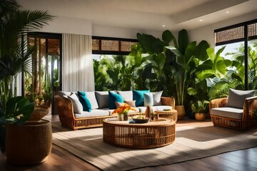 A tropical oasis living room with rattan furniture, vibrant colors, and tropical plants, evoking a sense of relaxation and vacation - obrazy, fototapety, plakaty