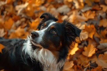 A black and white dog standing in a pile of leaves, suitable for autumn themes