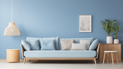 Blue living room interior with sofa, plant, and decoration in scandinavian style. 3d rendering