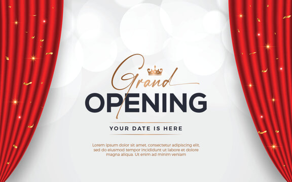 Realistic grand opening invitation banner with red curtains, golden elements and 3d editable text effect