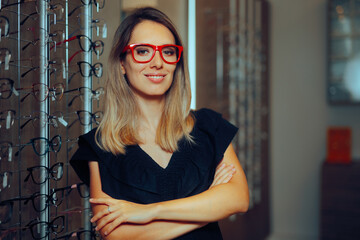 Smiling Woman Trying on Red Eyeglasses Frames in Optical Store. Confident girl feeling pretty with...