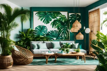 A tropical paradise living room with palm leaf prints, bamboo furniture, and a relaxed color palette, bringing the outdoors inside