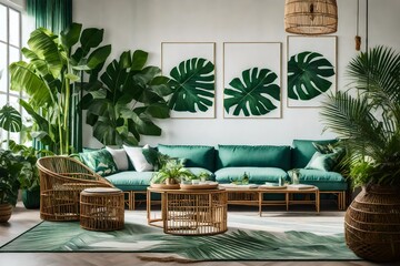 A tropical paradise living room with palm leaf prints, bamboo furniture, and a relaxing color...