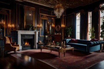 A Victorian-inspired living room with sumptuous furnishings, elaborate patterns, and a huge fireplace that demonstrates eternal elegance. - obrazy, fototapety, plakaty