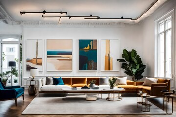 A sleek and sophisticated art gallery-inspired living room with white walls, track lighting, and...