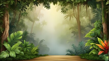 Background of a tropical forest, jungle, or copy space with a border of tropical leaves and an empty space in the middle