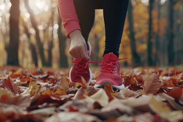 Woman in pink running shoes in a field of leaves. Suitable for fitness or outdoor activities concept