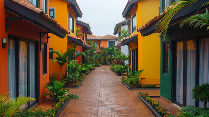 Alley with colorful houses and palms