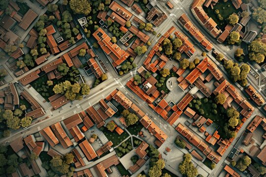 Aerial view of a small town, perfect for urban planning projects