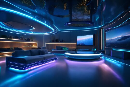 A space-age living room with futuristic furniture, LED lighting, and holographic elements, transporting inhabitants to a sci-fi-inspired realm