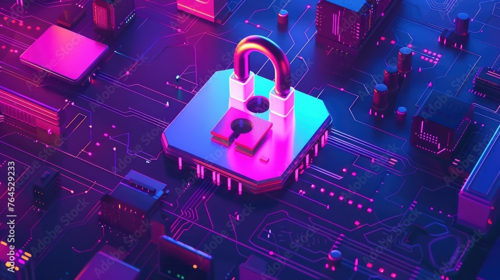 Aufkleber a lock on top of a circuit board, perfect for technology security concepts