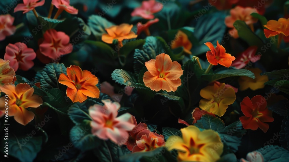 Poster bright and colorful flowers with vibrant green leaves, perfect for adding a pop of color to any proj