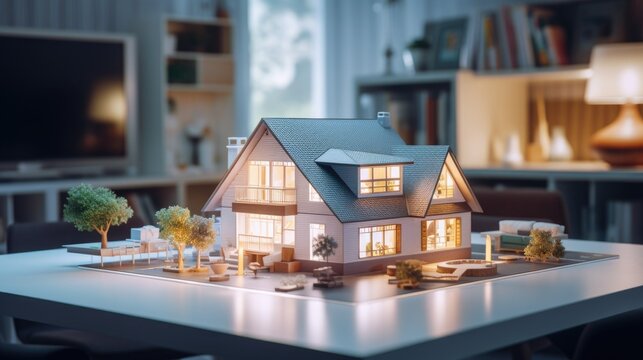 a concept holo 3d render model of a small living house on a table in a real estate agency. mortgage contract document and demonstrating business