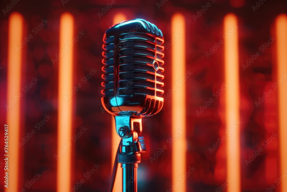 Poster Close up of a microphone on a stand. Perfect for music and performance concepts