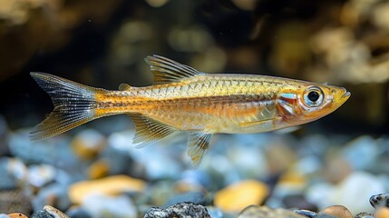  A macro photo of a fish swimming in a rocky aquarium environment