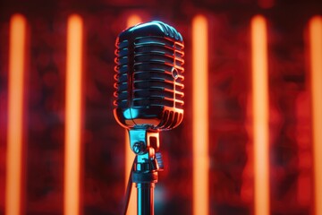 Close up of a microphone on a stand. Perfect for music and performance concepts - obrazy, fototapety, plakaty