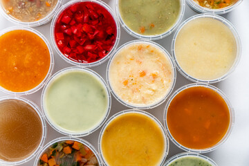 different kinds of soups, top view