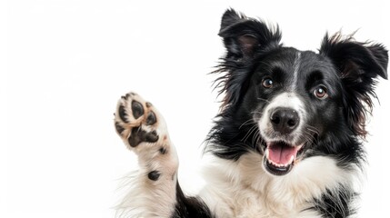 A black and white dog lifting its paw. Suitable for pet care or training concepts
